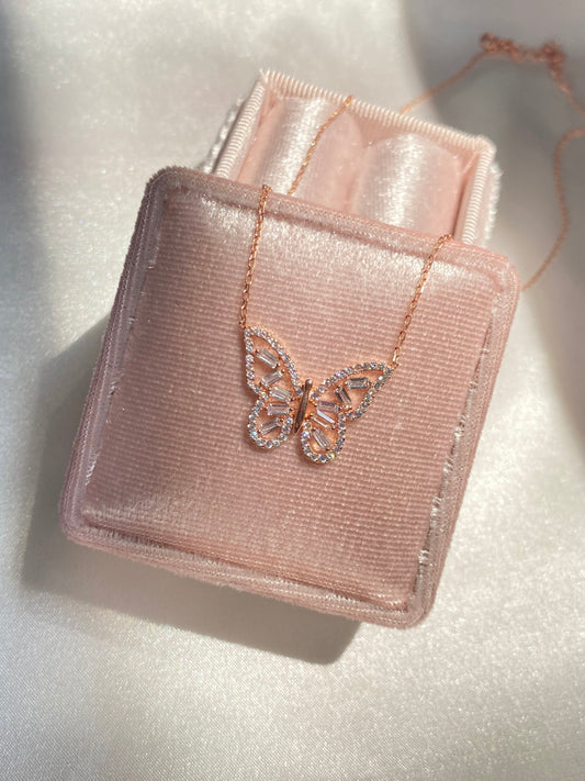 925 Sterling Silver Rose Gold Zircon Butterfly Necklace, Dainty Baguette Butterfly Necklace, Butterfly Pendant, Butterfly Necklace Silver